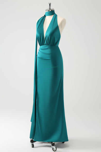 Peacock Sheath V-Neck Backless Long Bridesmaid Dress with Slit