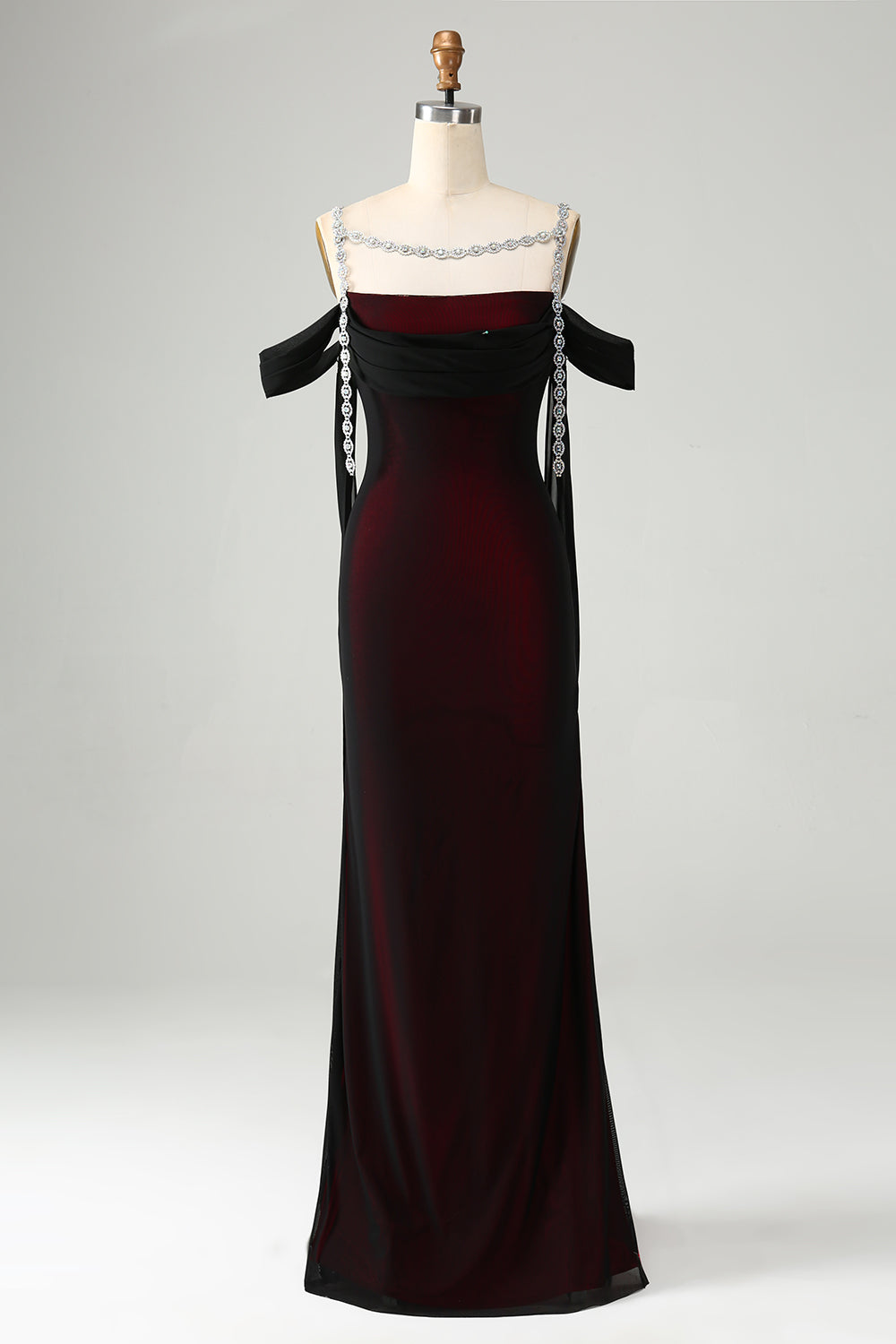 Plus Size Sparkly Black Red Cold Shoulder Mermaid Long Bridesmaid Dress
