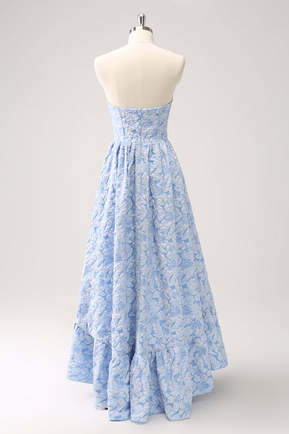 Blue Floral Strapless Coret High Low Bridesmaid Dress