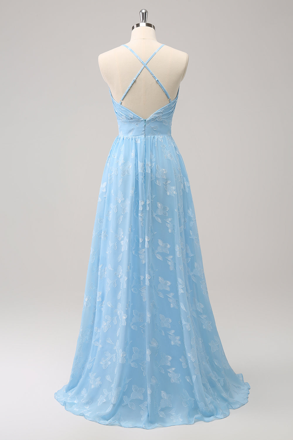 Sparkly Light Blue V-Neck Floral Pleated Bridesmaid Dress