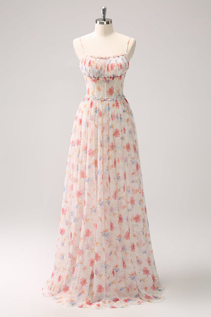 White Red Floral Corset Spaghetti Straps Long Bridesmaid Dress