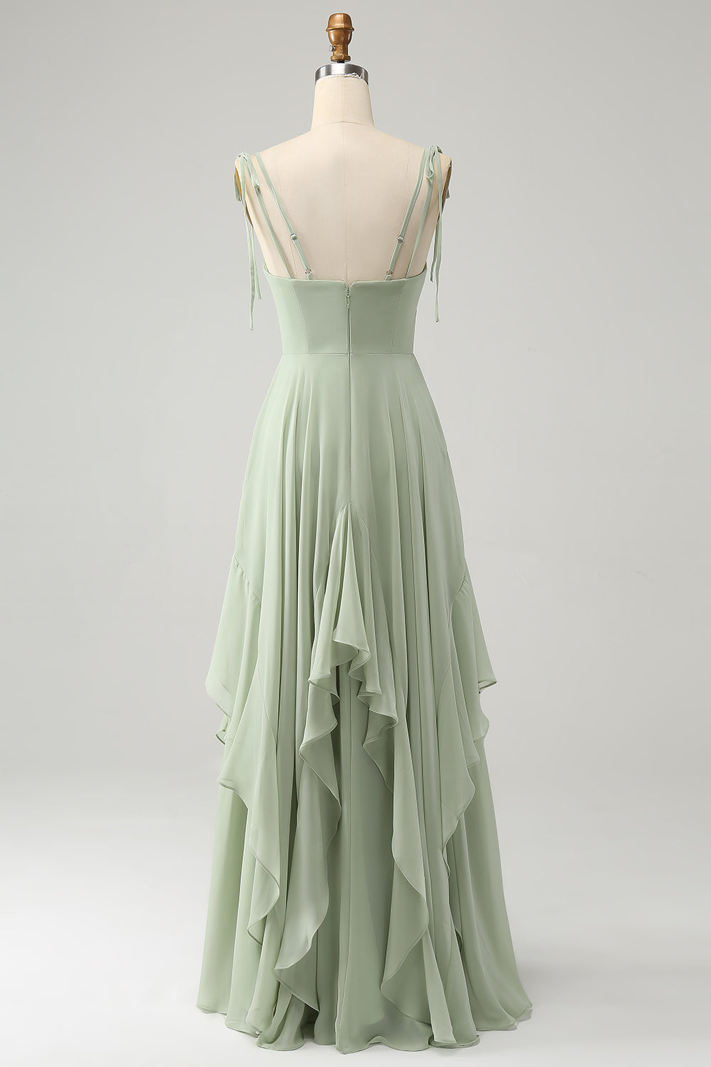 Matcha A Line Spaghetti Straps Long Bridesmaid Dress with Ruffles