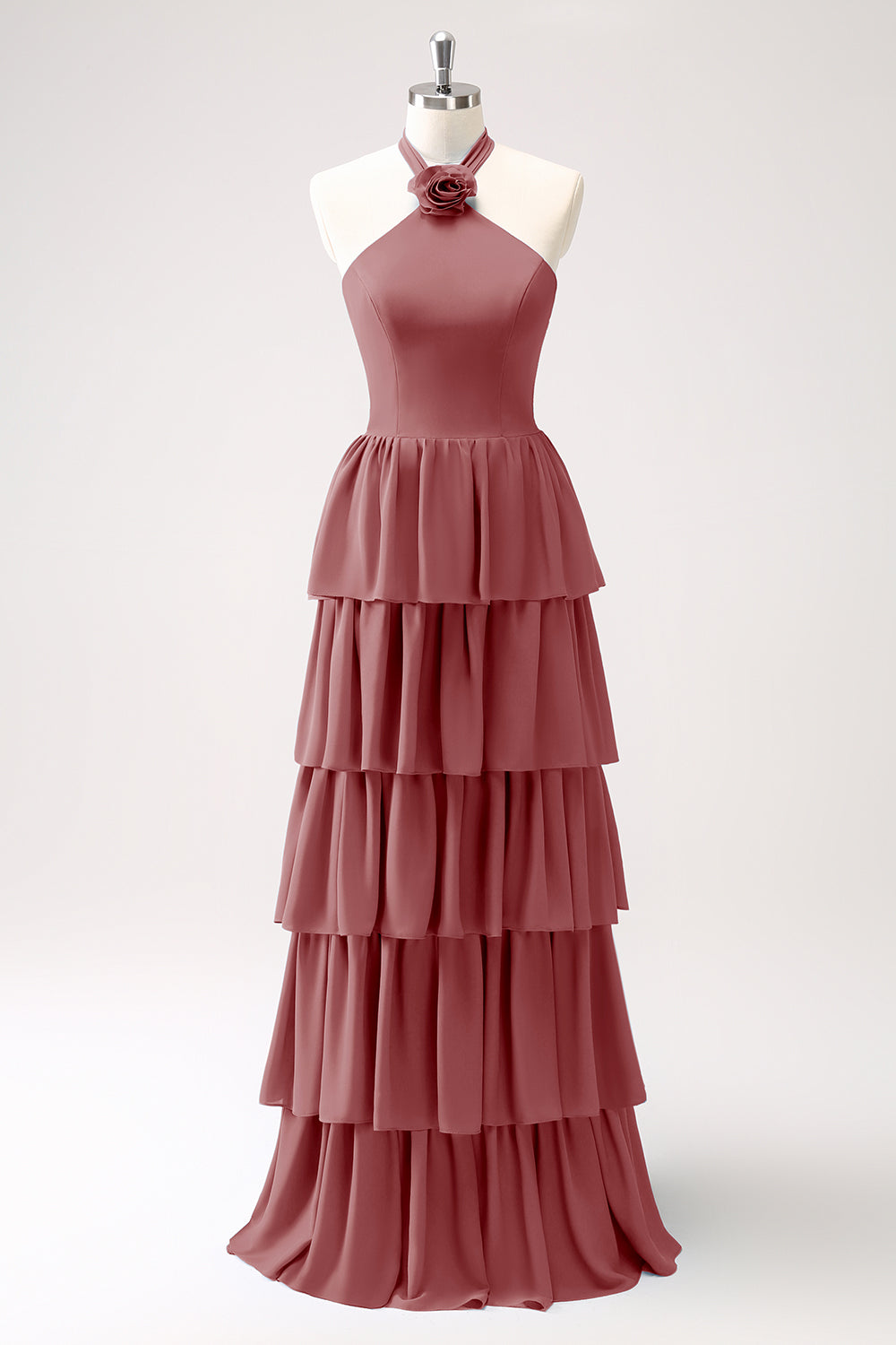 Dusty Blue Tiered Chiffon Bridesmaid Dress with Flower