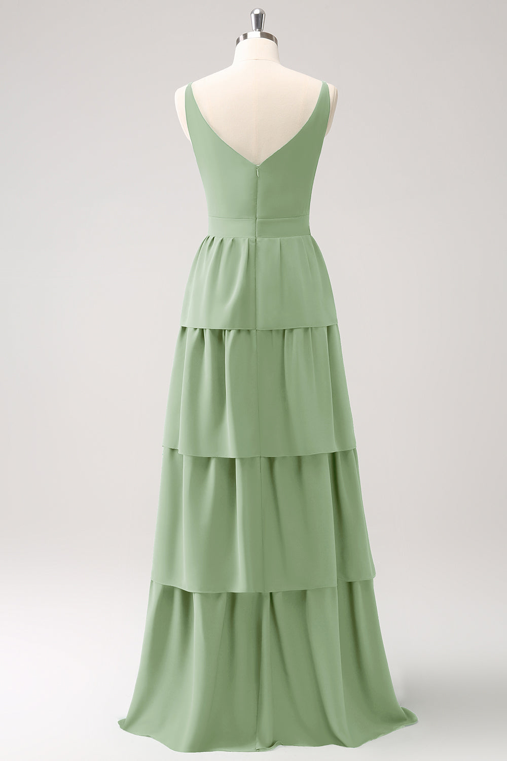Sky Blue A Line V-Neck Tiered Long Bridesmaid Dress