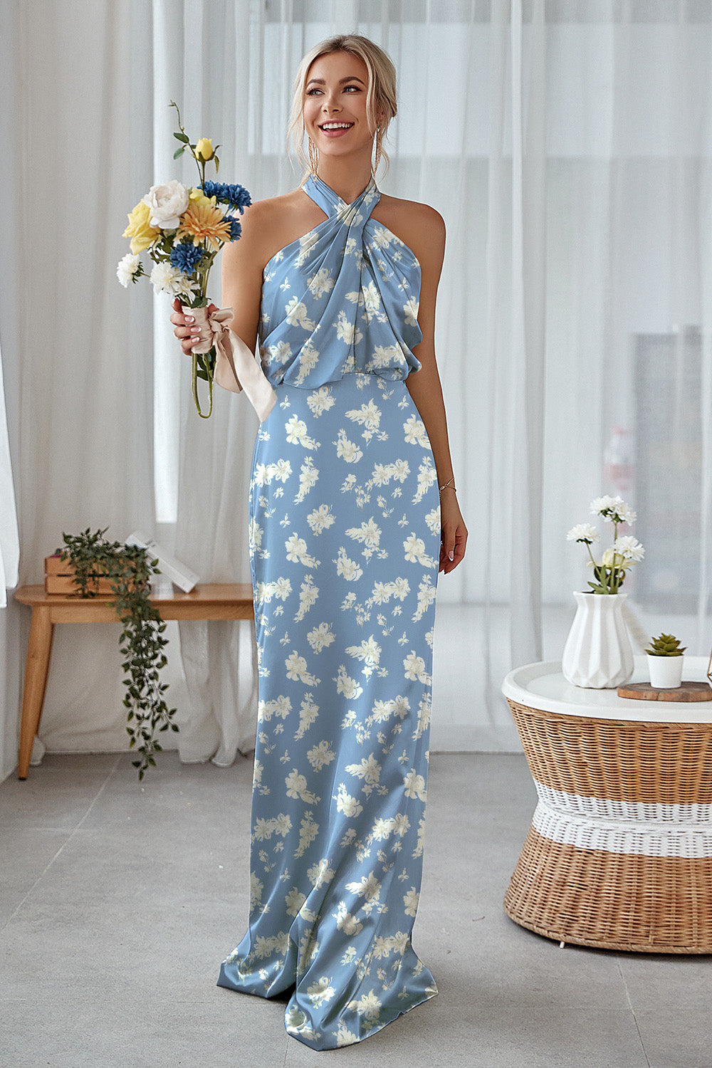 Floral Sage White Sheath Plus Size Halter Long Bridesmaid Dress