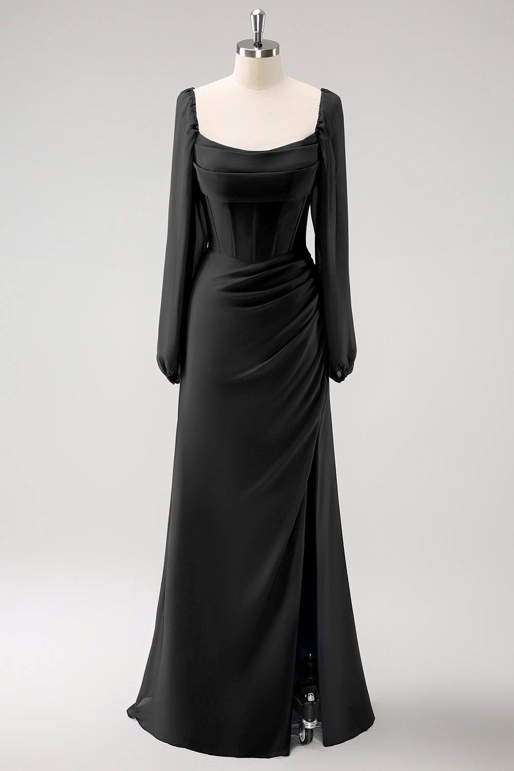 Eucalyptus Sheath Square Neck Chiffon Long Sleeves Long Bridesmaid Dress with Slit