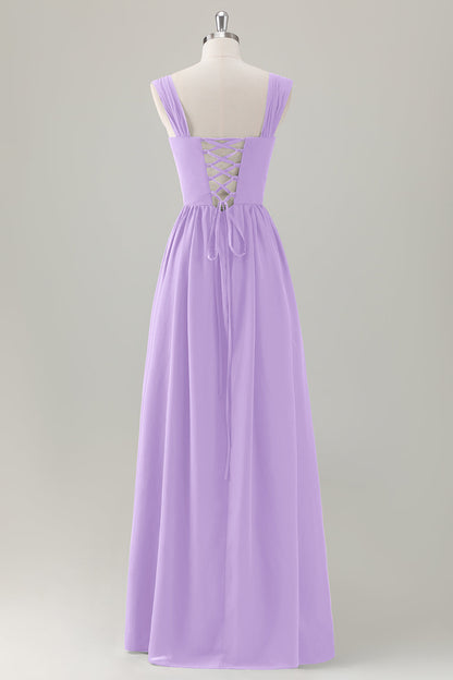 Dark Blue A-Line Square Neck Corset Long Bridesmaid Dress with Lace Up Back