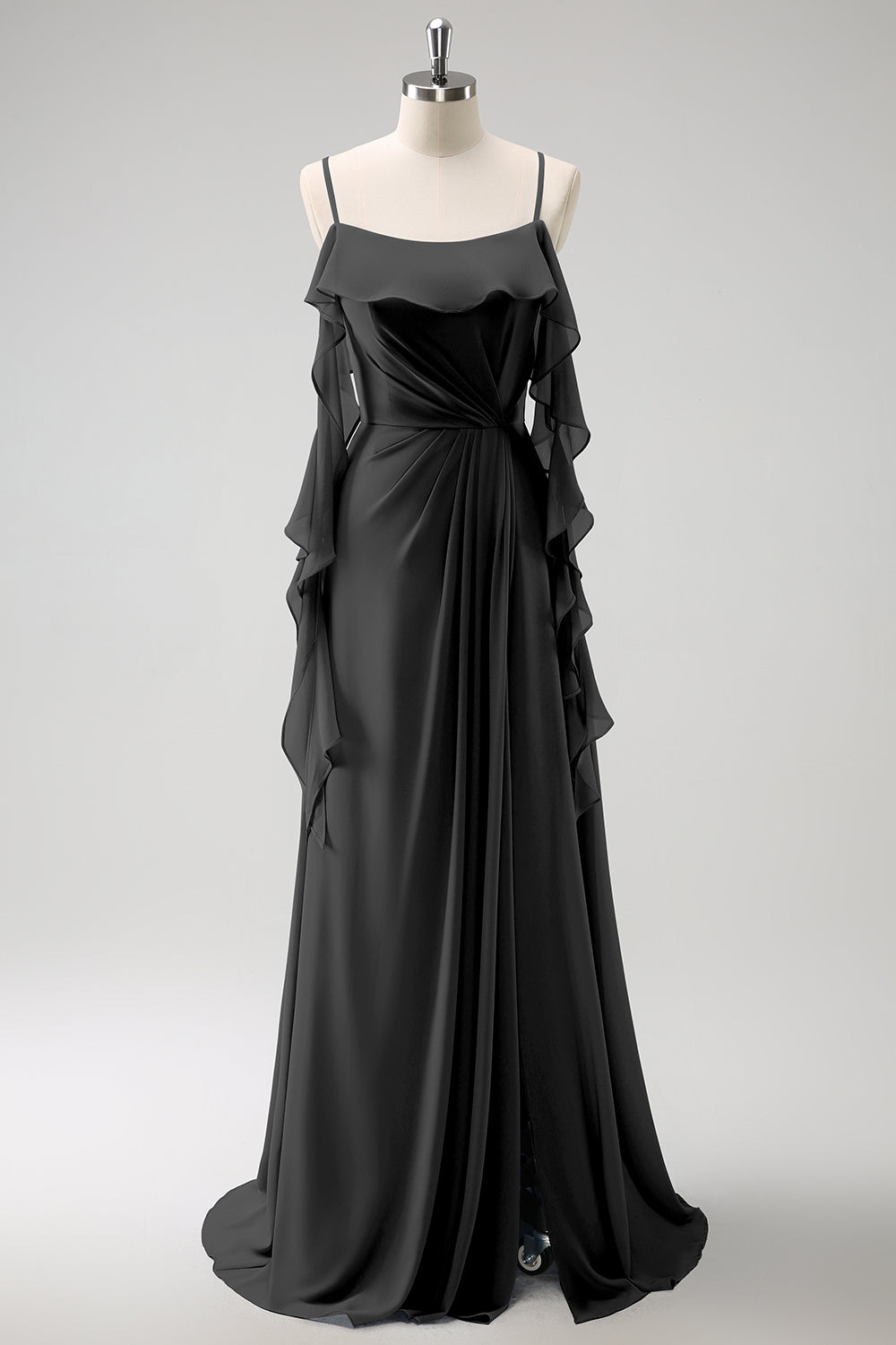 Eucalyptus A-Line Spaghetti Straps Chiffon Long Bridesmaid Dress with Slit