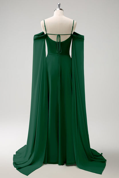 Light Green Cold Shoulder Detachable Sleeves A-Line Chiffon Long Bridesmaid Dress