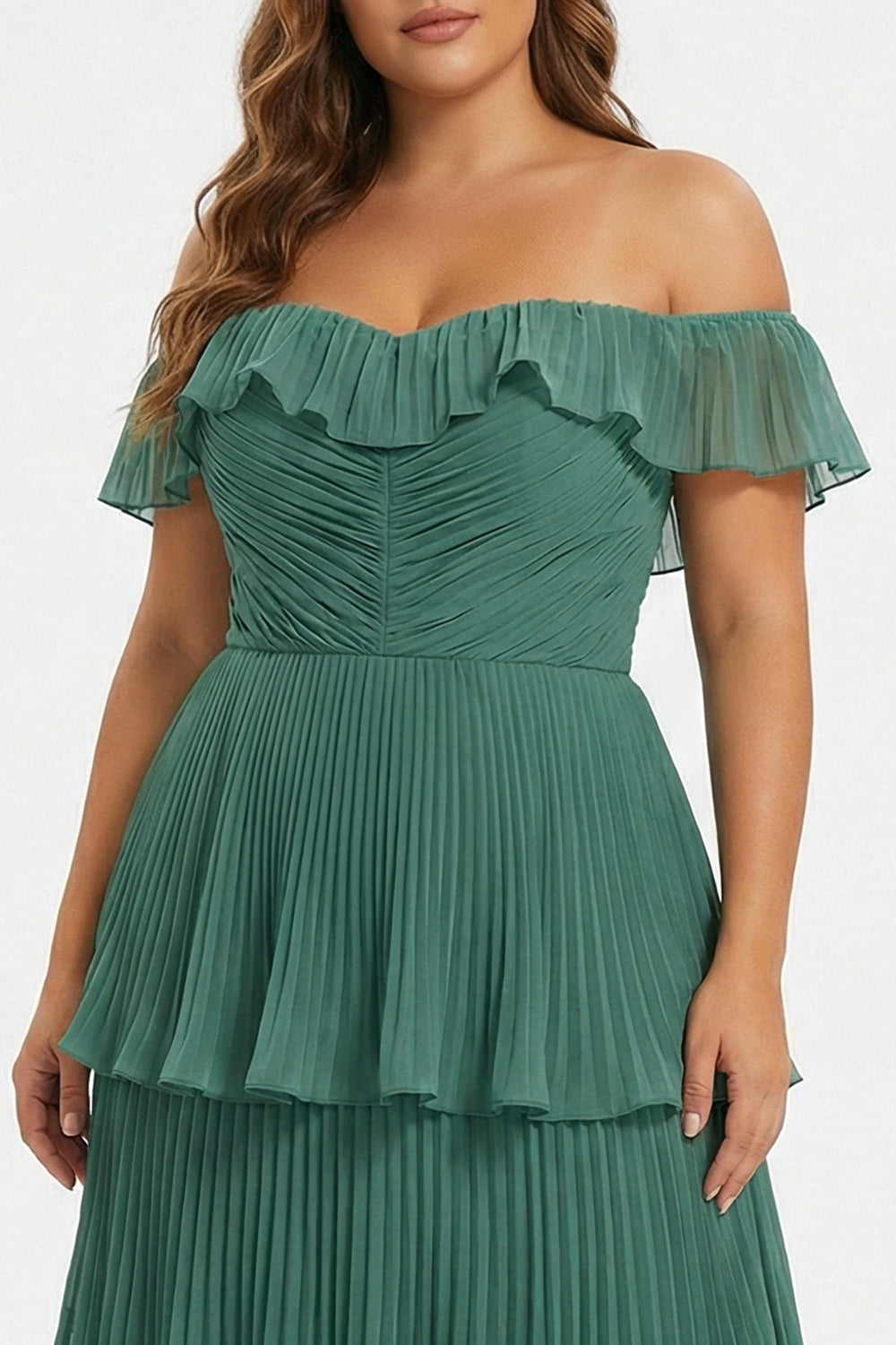 Plus Size Eucalyptus Pleated Off The Shoulder Tiered Long Bridesmaid Dress