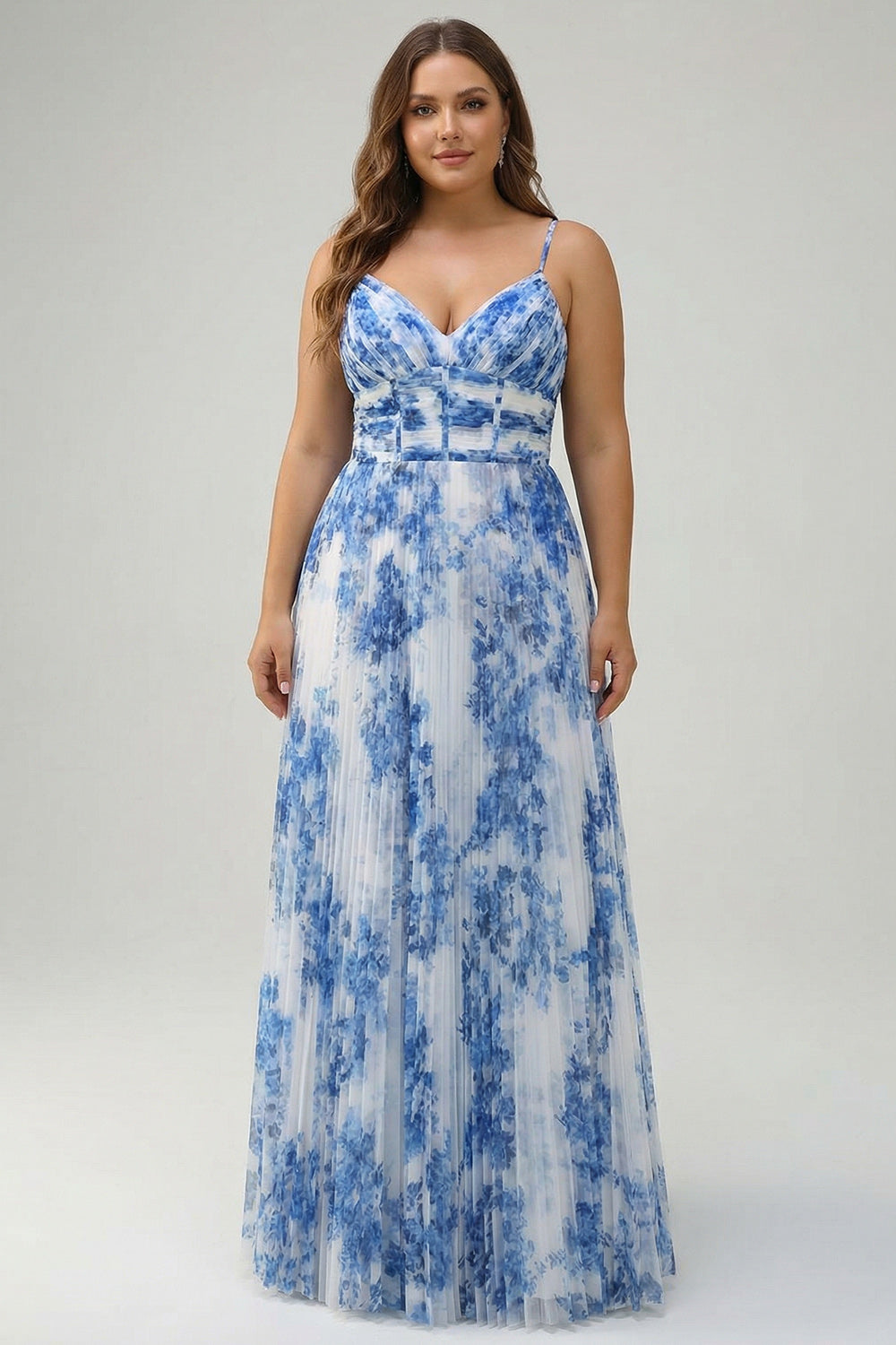 White Blue Flower Pleated Corset Long Bridesmaid Dress