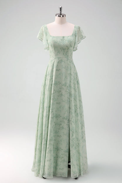 Grey Green Chiffon Floral Bridesmaid Dress with Slit