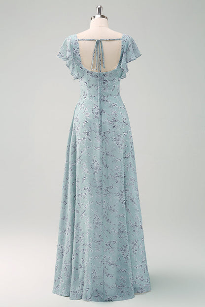 Dusty Sage Chiffon Floral Print Bridesmaid Dress with Slit