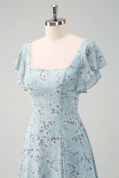 Dusty Sage Chiffon Floral Print Bridesmaid Dress with Slit