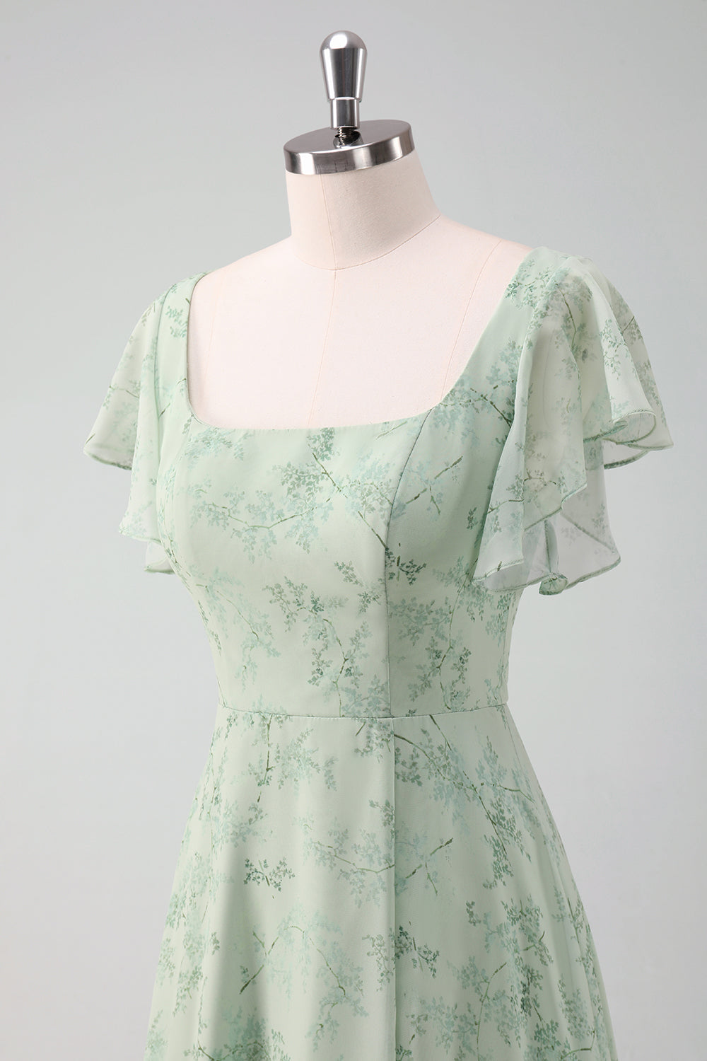 Grey Green Chiffon Floral Bridesmaid Dress with Slit