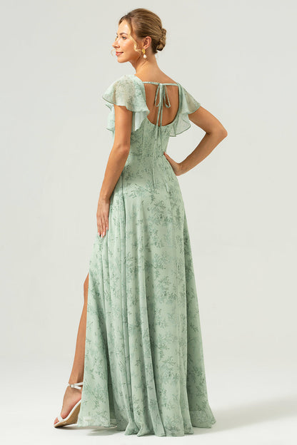 Dusty Sage Chiffon Floral Print Bridesmaid Dress with Slit