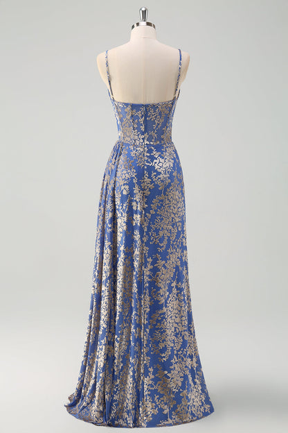 Burnt Out Velvet Blue Spaghetti Straps Corset Bridesmaid Dress With Slit