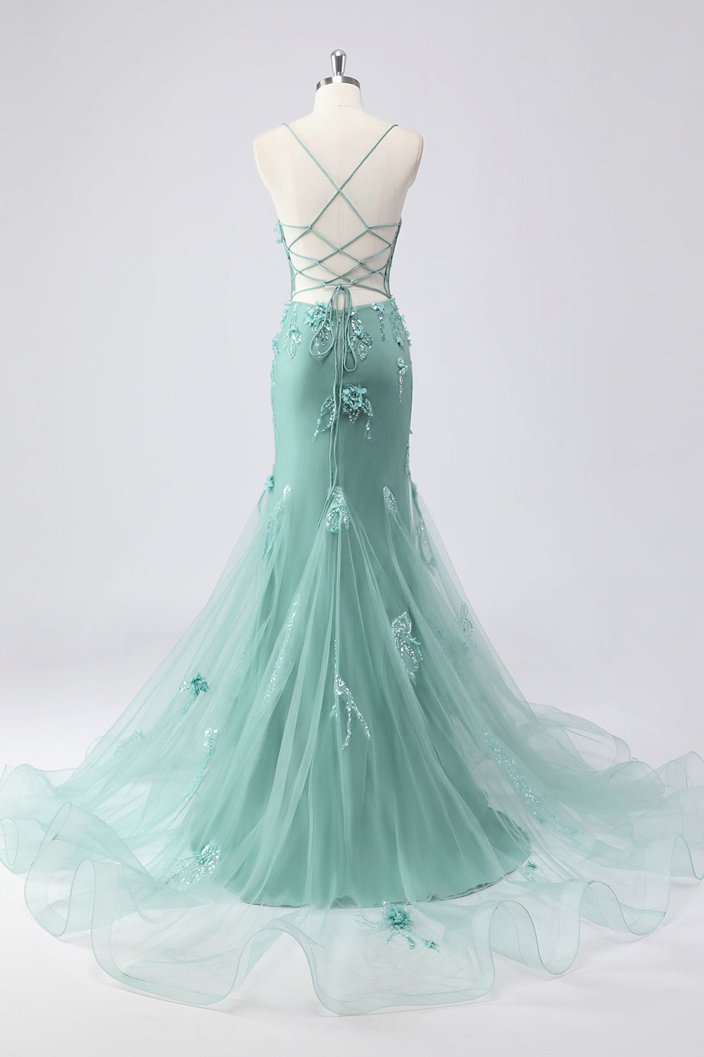 Plus Size Sparkly Blue Floral Mermaid Long Prom Dress with 3D Flowers