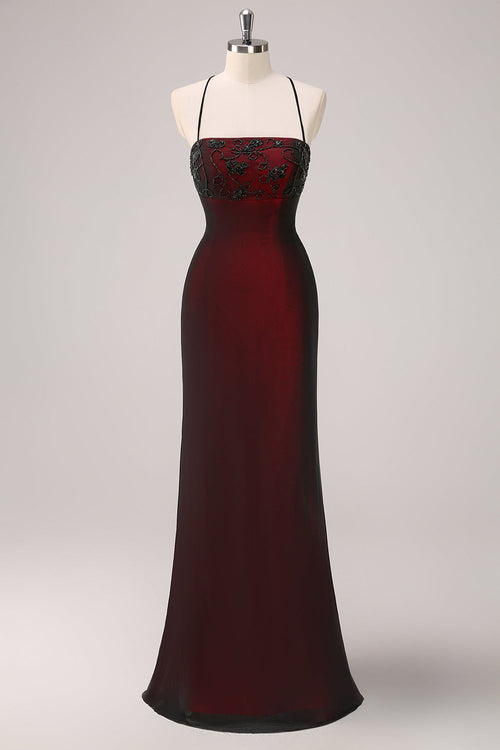 Sparkly Black Red Mermaid Spaghetti Straps Long Bridesmaid Dress with Beading