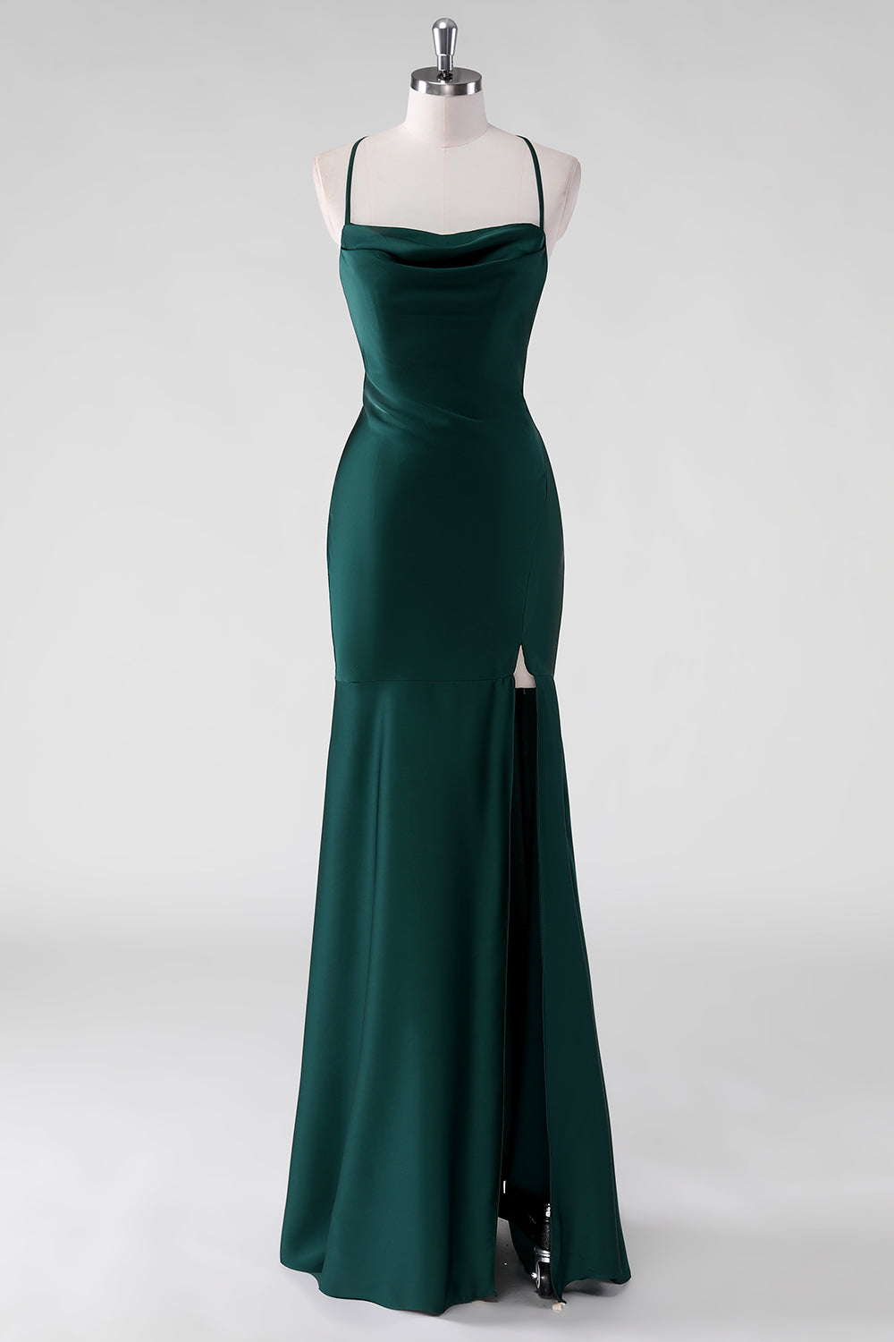 Pine Satin Mermaid Spaghetti Straps Long Bridesmaid Dress with Slit