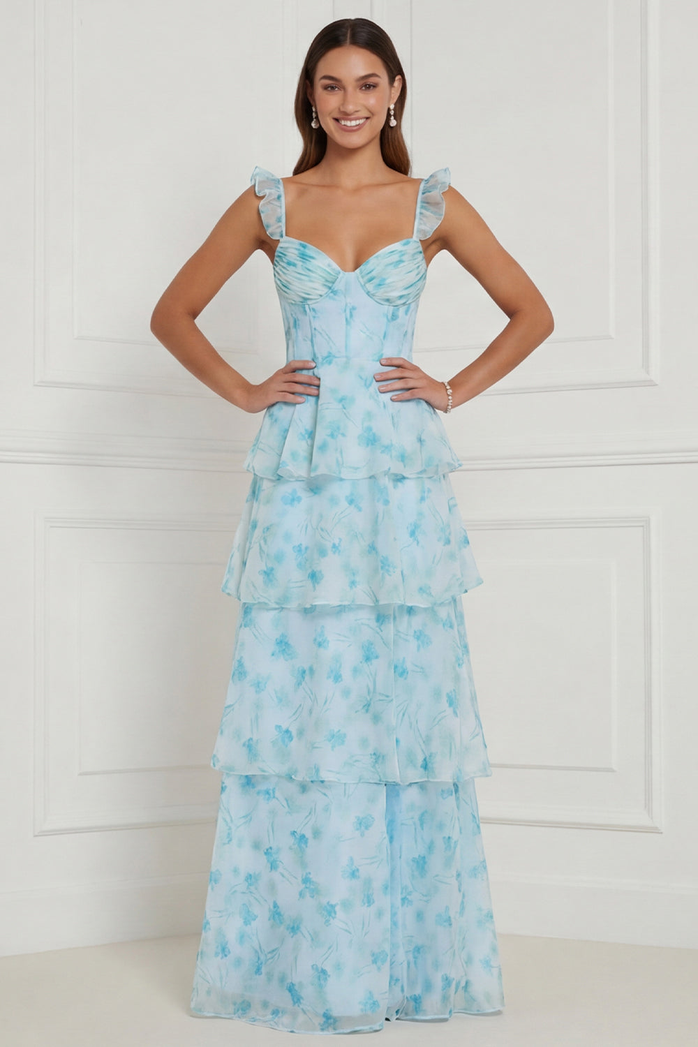 Blue Floral Corset A Line Ruffled Long Bridesmaid Dress with Slit