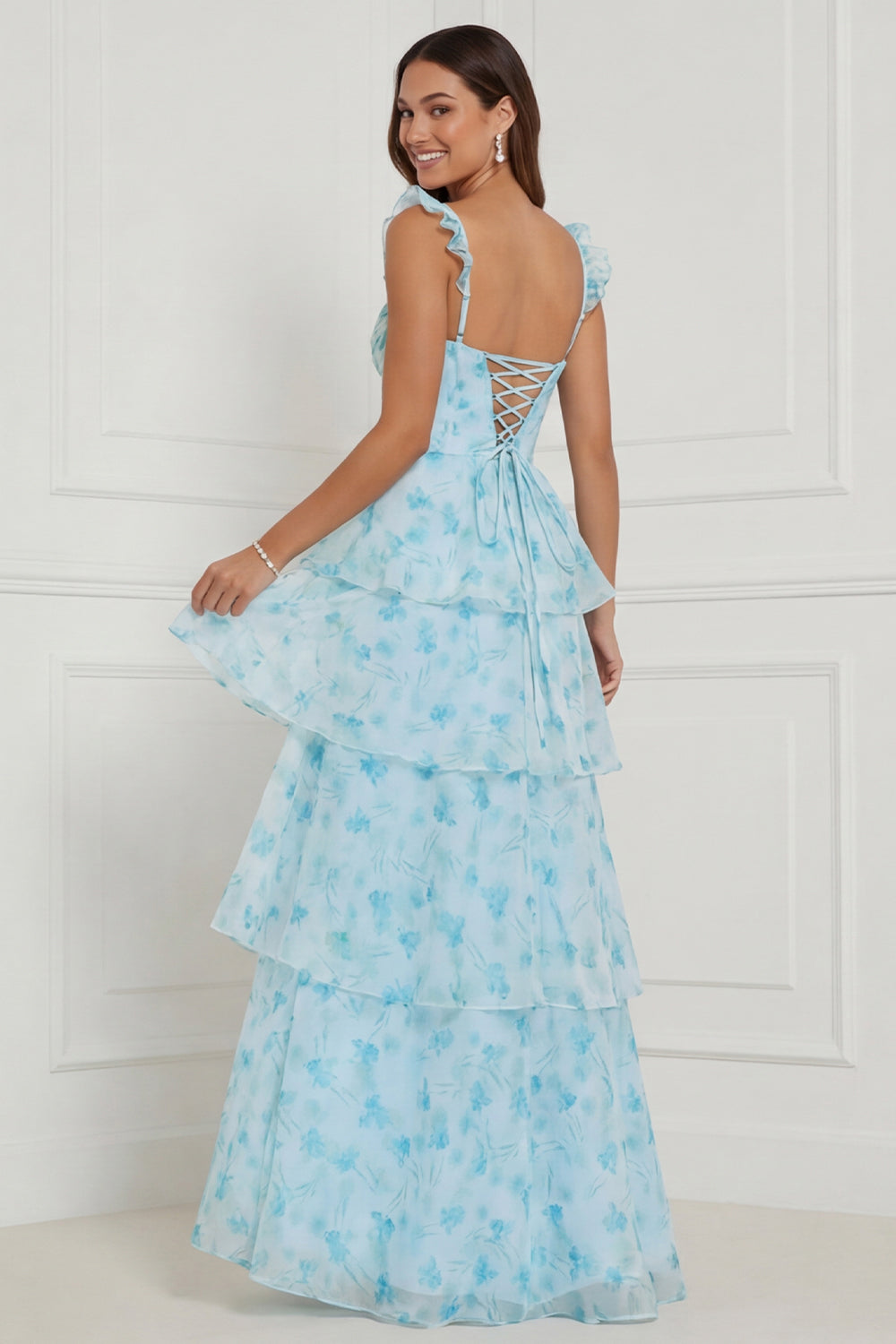 Blue Floral Corset A Line Ruffled Long Bridesmaid Dress with Slit