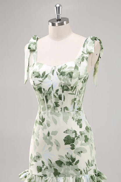 Green Flower A Line Square Neck Ruffled Long Bridesmaid Dress with Slit