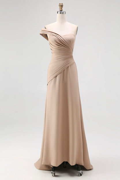 Plus Size Light Khaki Jersey Sheath One Shoulder Pleated Long Gala Dress