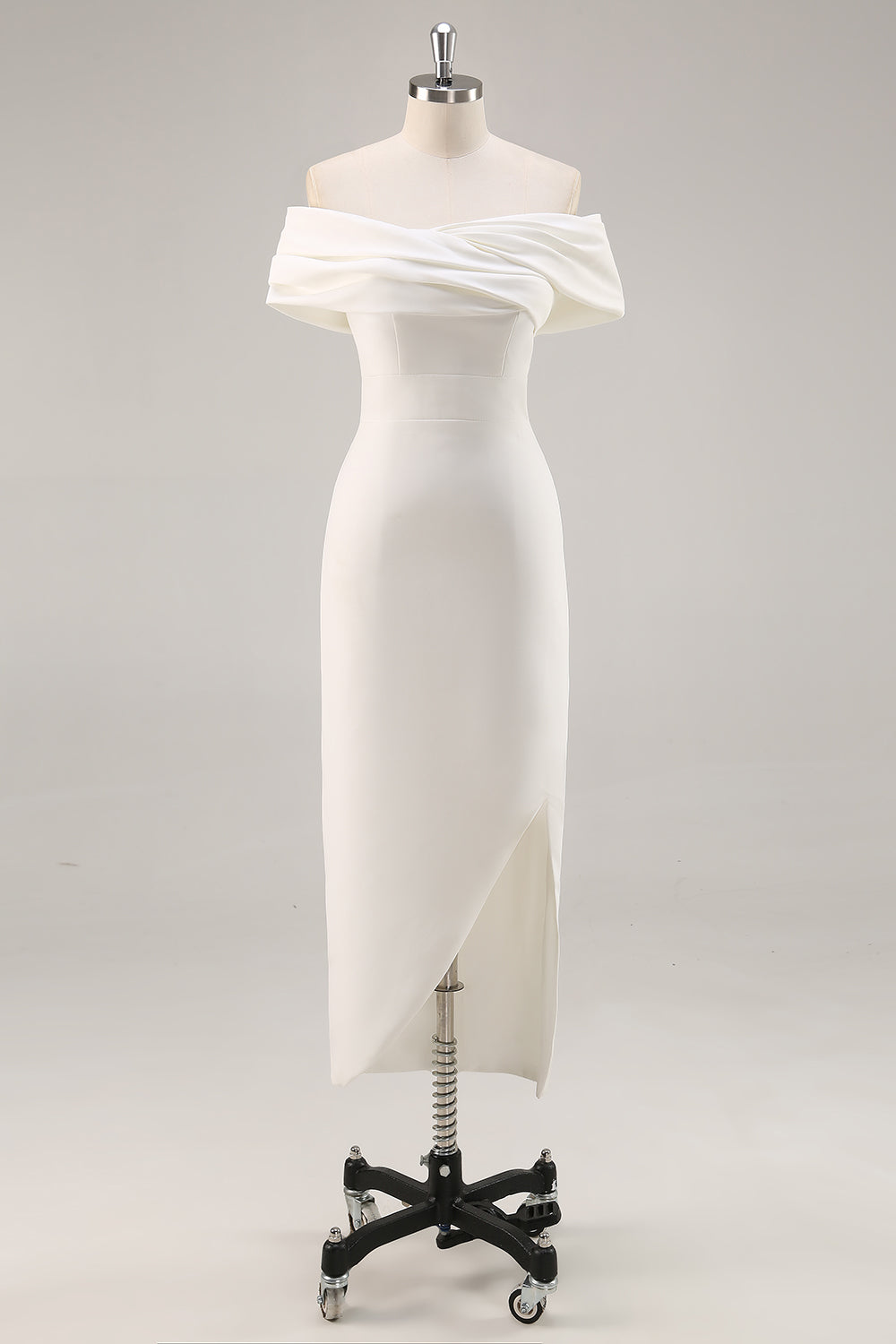 Plus Size White Sheath Satin Off the Shoulder Matte Asymmetrical Graduation Dress