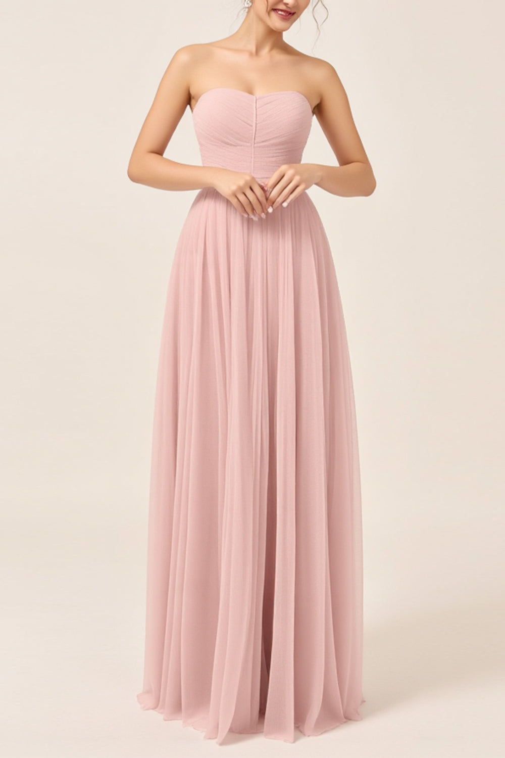 Blush Pink A Line Strapless Square Neck Maxi Bridesmaid Dress