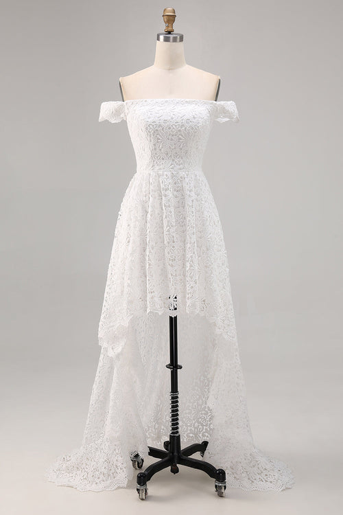 White Off The Shoulder Lace A Line High-Low Boho Maxi Dress