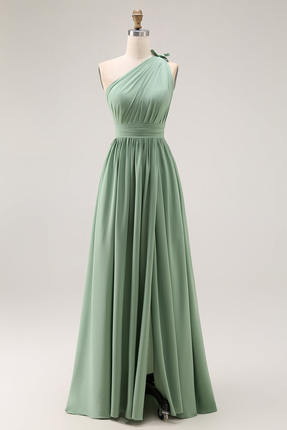 Lilac A Line One Shoulder Ruched Long Bridesmaid Dress with Slit