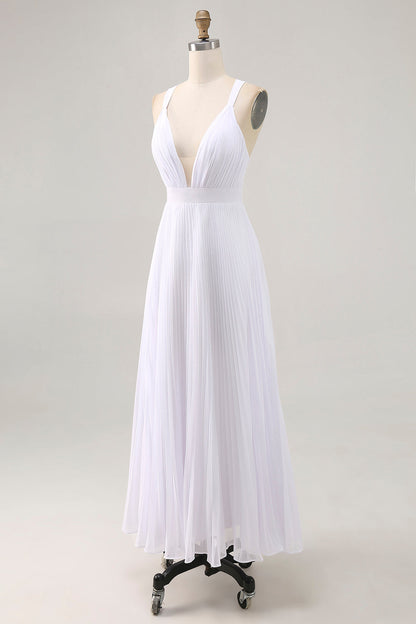 White Chiffon A Line V Neck Long Engagement Dress with Pleats