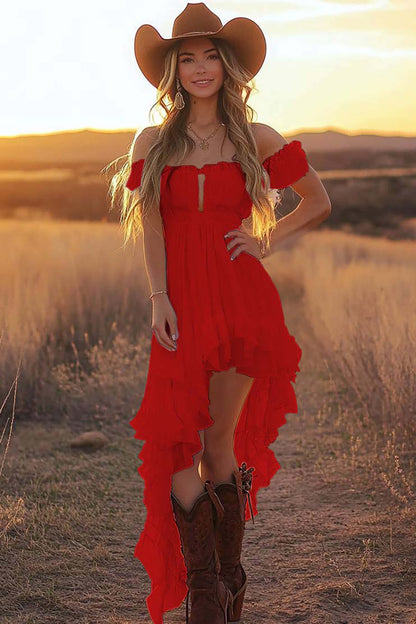 White A Line Off the Shoulder Asymmetrical Western Wedding Dress with Ruffles