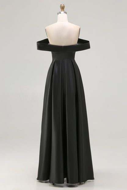 Black Plus Size Satin Off the Shoulder Long Formal Dress with Slit