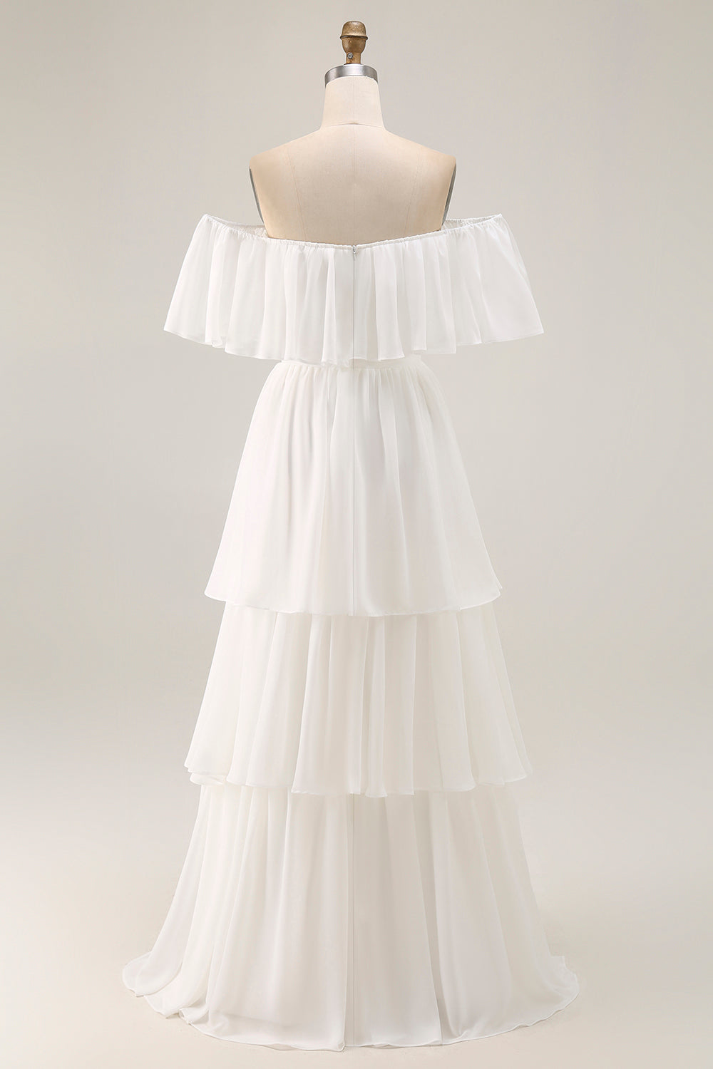 White Chiffon Tiered Off the Shoulder Boho Sweep Train Wedding Dress