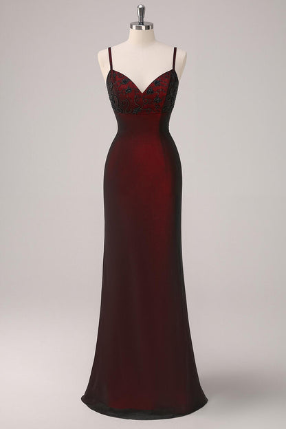 Black Red Sheath Spaghetti Straps Long Formal Dress with Beading