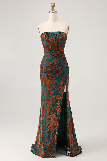 Peacock Green Strapless Corset Long Velvet Bridesmaid Dress with Slit