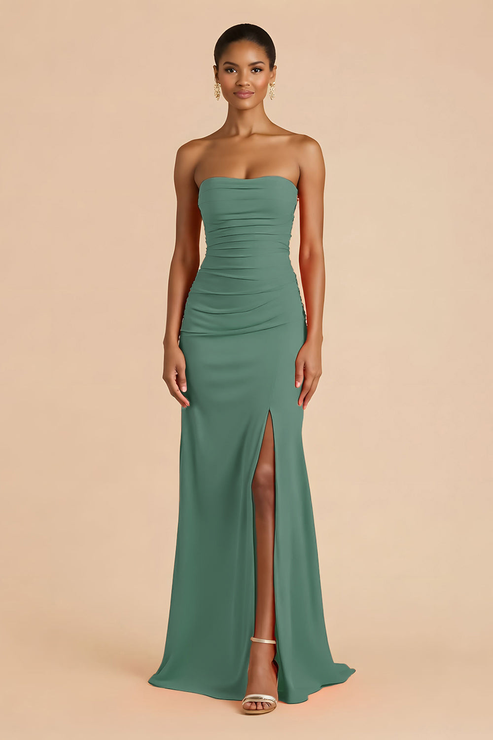 Orange Sheath Chiffon Ruched Strapless Long Bridesmaid Dress with Slit