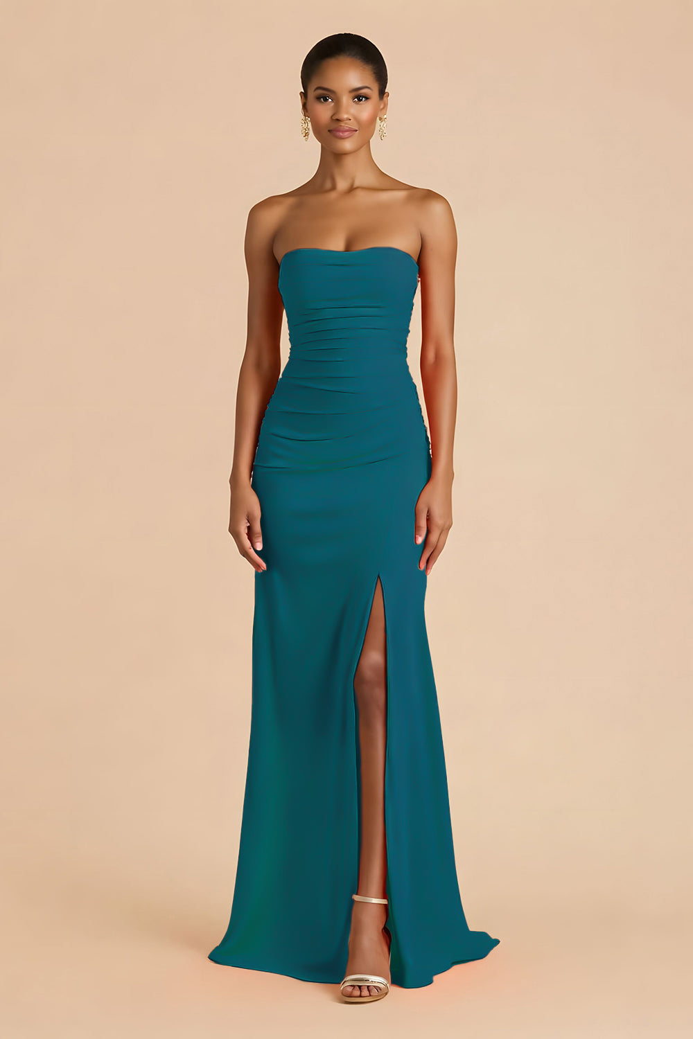 Orange Sheath Chiffon Ruched Strapless Long Bridesmaid Dress with Slit