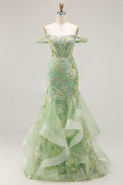 Sparkly Floral Blush Plus Size Mermaid Ruffled Long Corset Prom Dress
