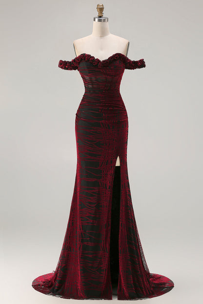 Black and Red Mermaid Plus Size Floral Long Corset Prom Dress with Slit