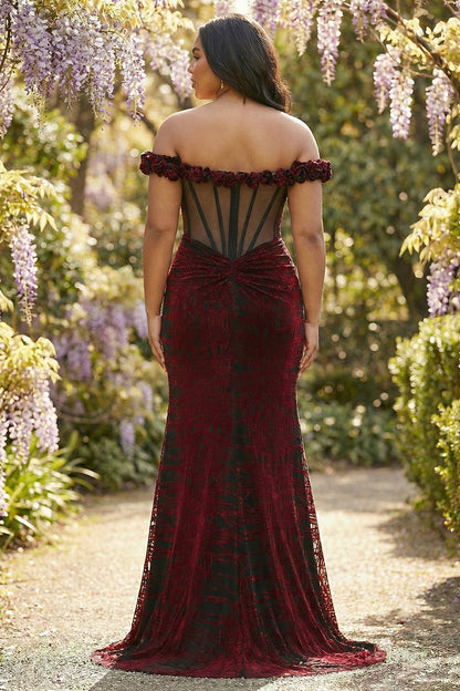 Black and Red Mermaid Plus Size Floral Long Corset Prom Dress with Slit