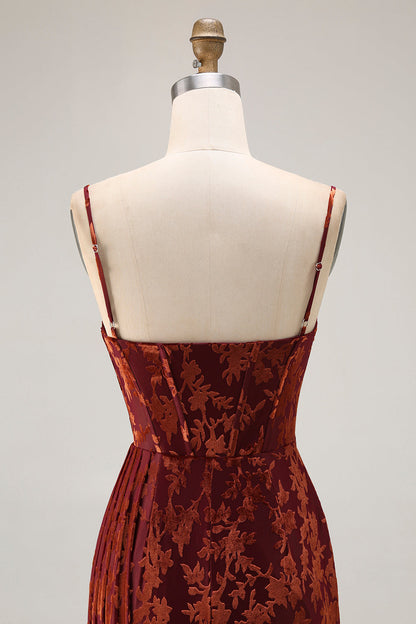 Burgundy Corset Spaghetti Straps Velvet Long Wedding Guest Dress with Slit