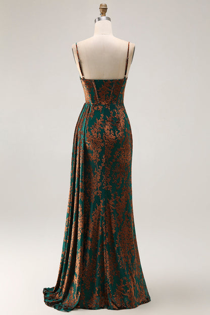 Dark Green Corset Velvet Floral Long Wedding Guest Dress with Side Cape