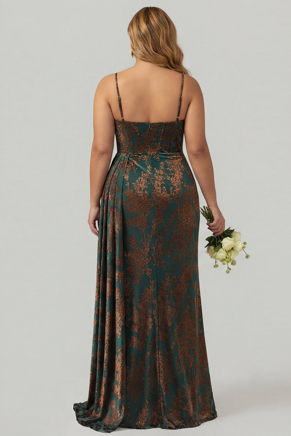 Dark Green Corset Velvet Floral Long Wedding Guest Dress with Side Cape