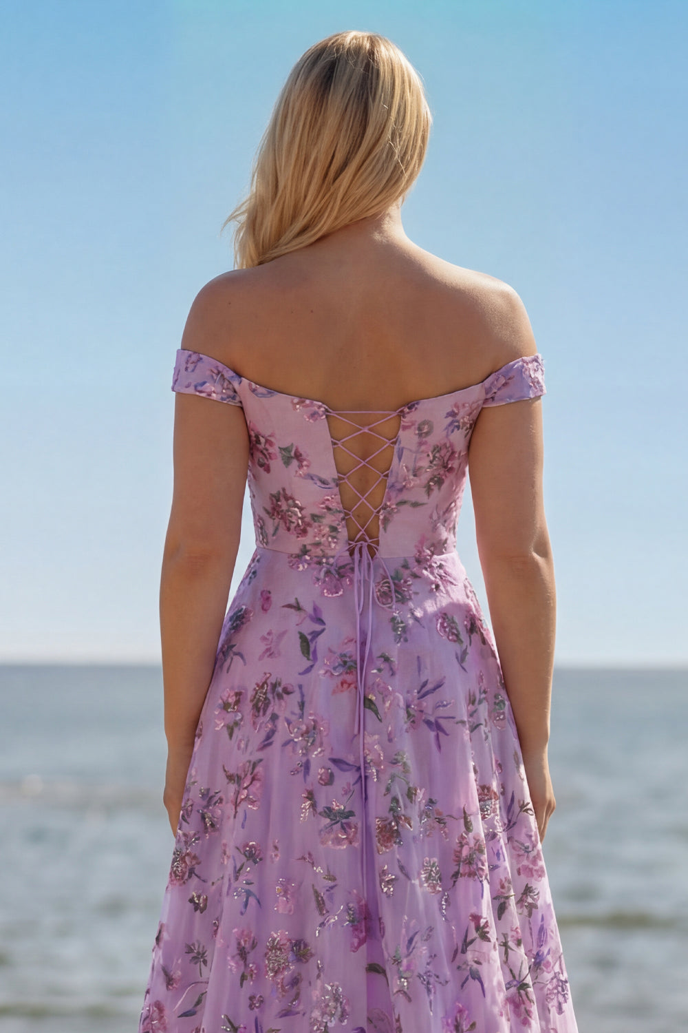Floral Plus Size Blush Off the Shoulder A Line Long Prom Dress with Sequins