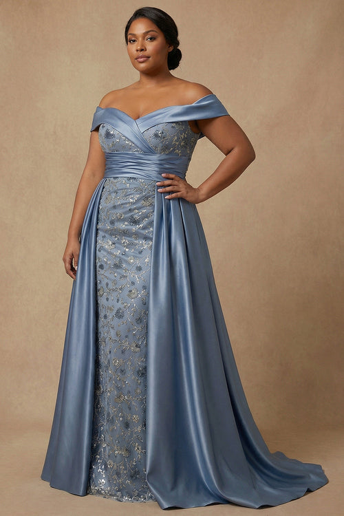 Plus Size Dusty Blue Floral Appliqued Off the Shoulder Long Mother of the Bride Dress