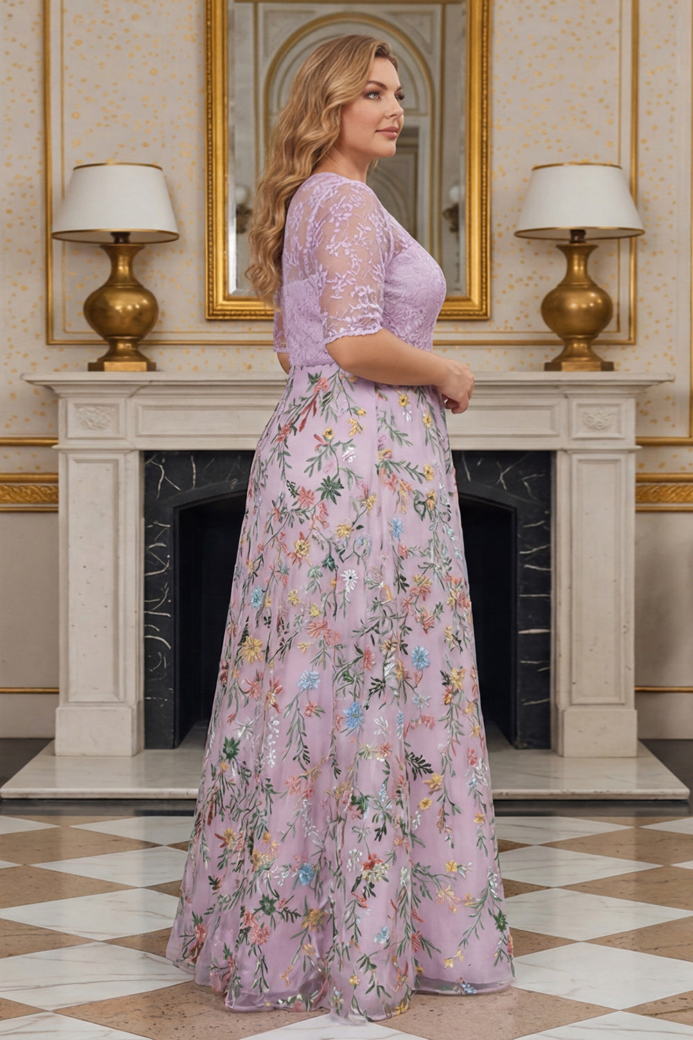Dusty Rose Floral Lace A Line Long Plus SizeMother of the Bride Dress with Sleeves