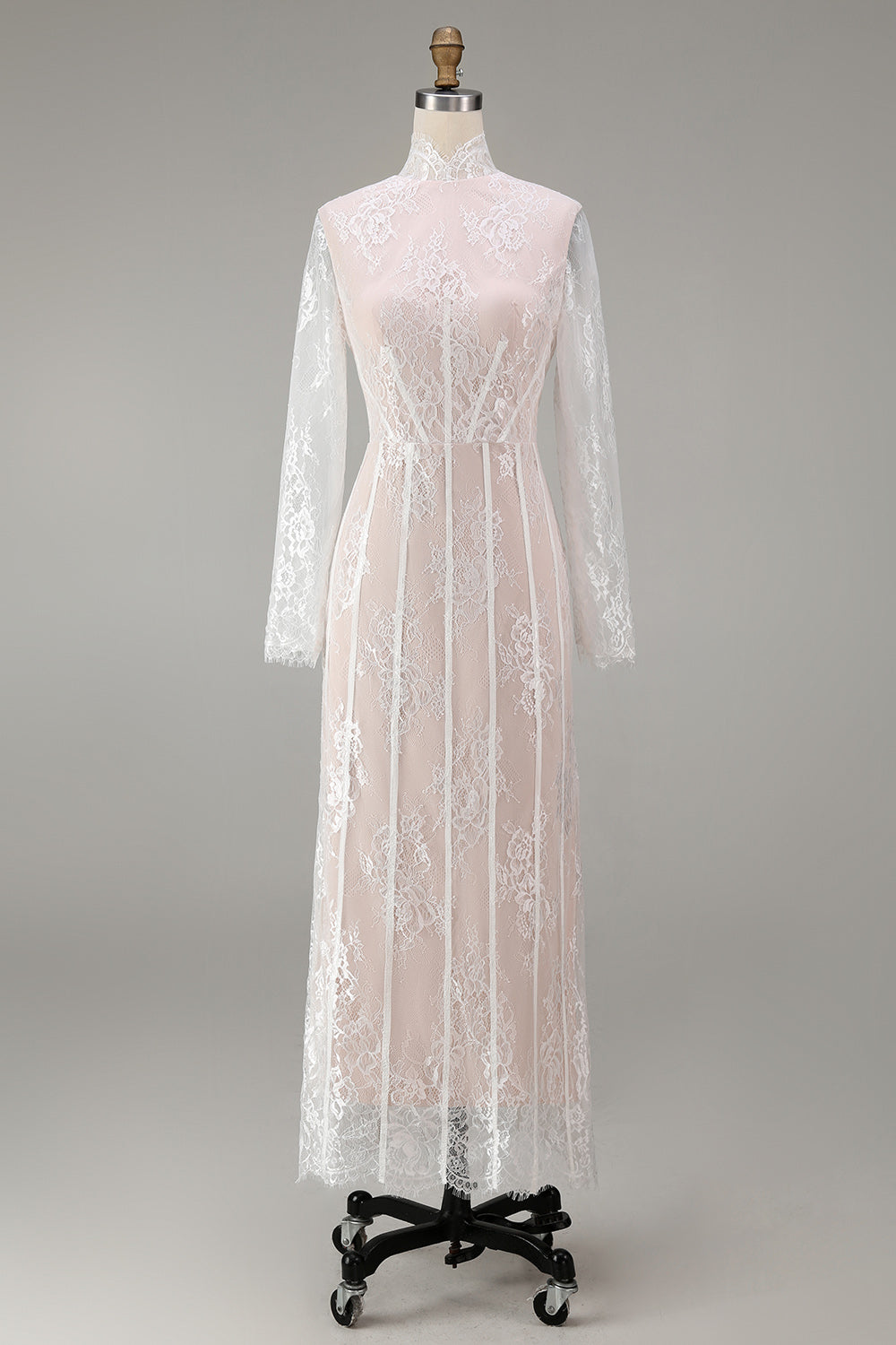 White Corset High Neck Lace Maxi A Line Boho Wedding Dress with Sleeves